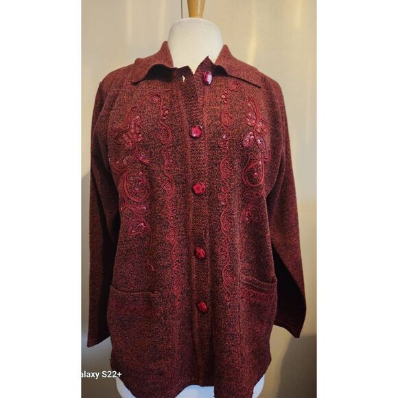 C53 TC Fashions red dressy sweater w trim and sequin design - Picture 1 of 10